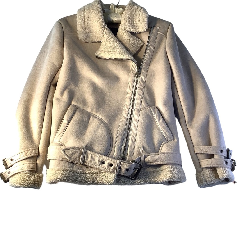 American Eagle Outfitters Moto Shearling Jacket Biker Aviator Small Beige Tan - Picture 2 of 15